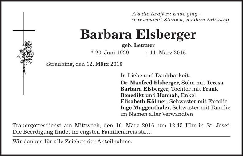 Traueranzeige Barbara Elsberger
