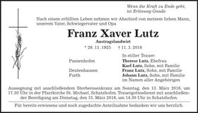 Traueranzeige Franz Xaver Lutz