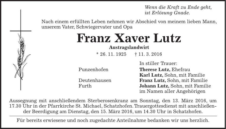 Traueranzeige Franz Xaver Lutz