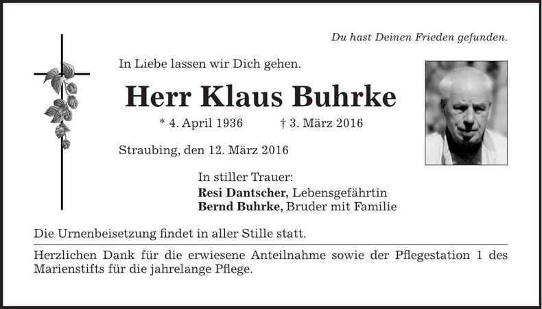 Traueranzeige Klaus Buhrke