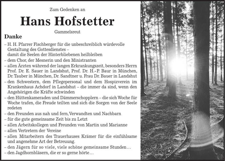 Traueranzeige Hans Hofstetter
