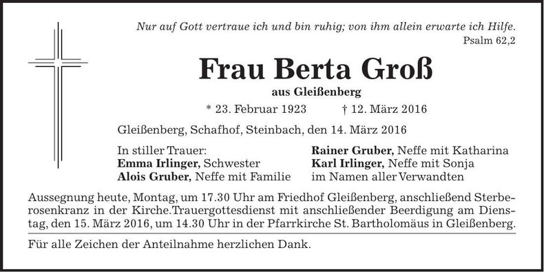 Traueranzeige Berta Groß