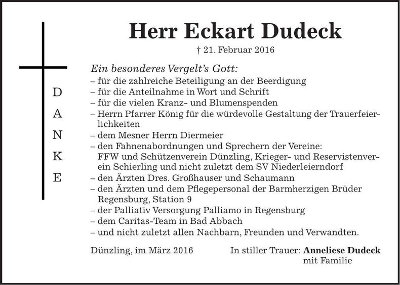 Traueranzeige Eckart Dudeck