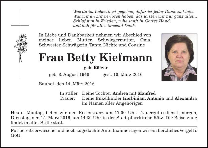 Traueranzeige Betty Kiefmann