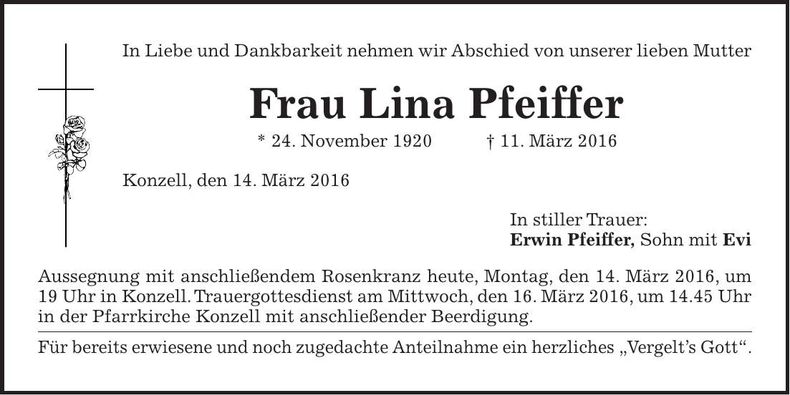 Traueranzeige Lina Pfeiffer