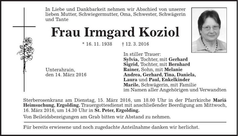 Traueranzeige Irmgard Koziol
