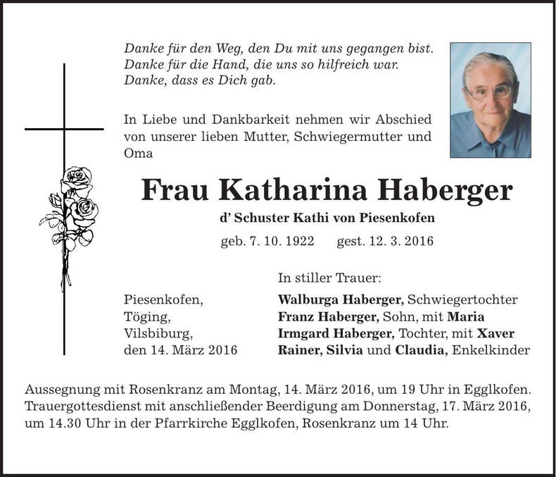 Traueranzeige Katharina Haberger