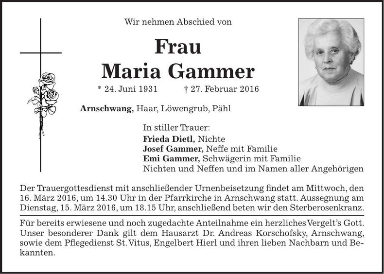 Traueranzeige Maria Gammer