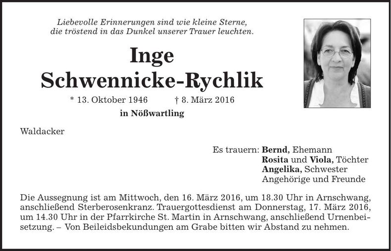 Traueranzeige Inge Schwennicke-Rychlik