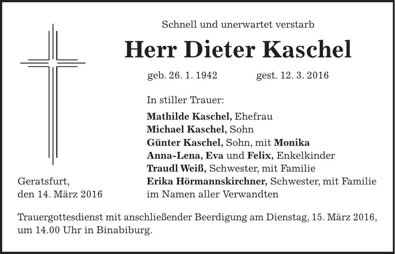 Traueranzeige Dieter Kaschel