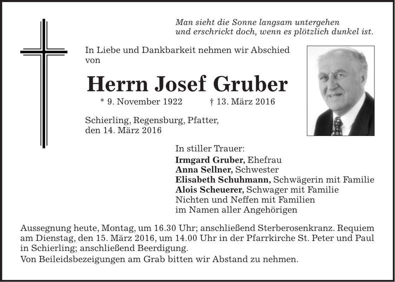 Traueranzeige Josef Gruber