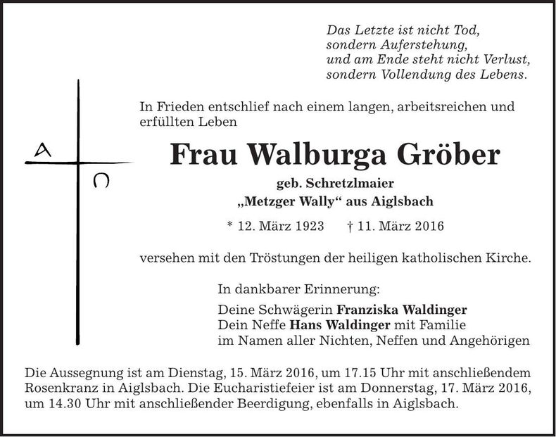 Traueranzeige Walburga Gröber