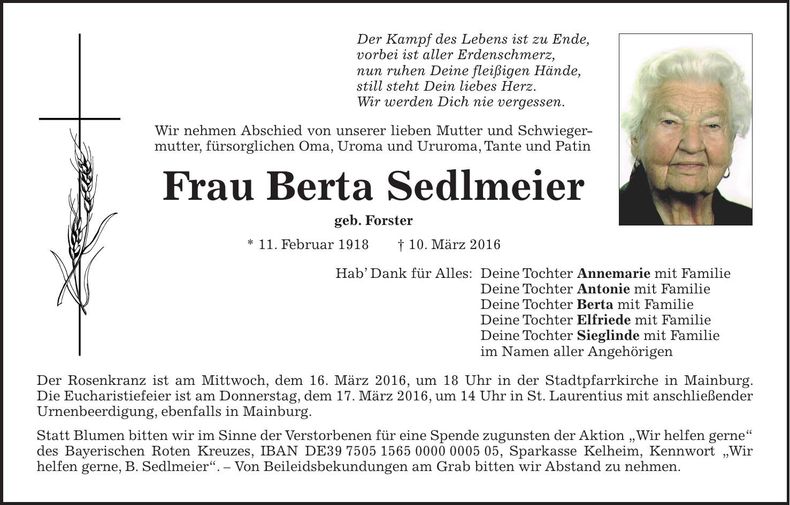 Traueranzeige Berta Sedlmeier
