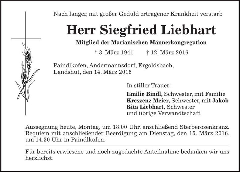 Traueranzeige Siegfried Liebhart