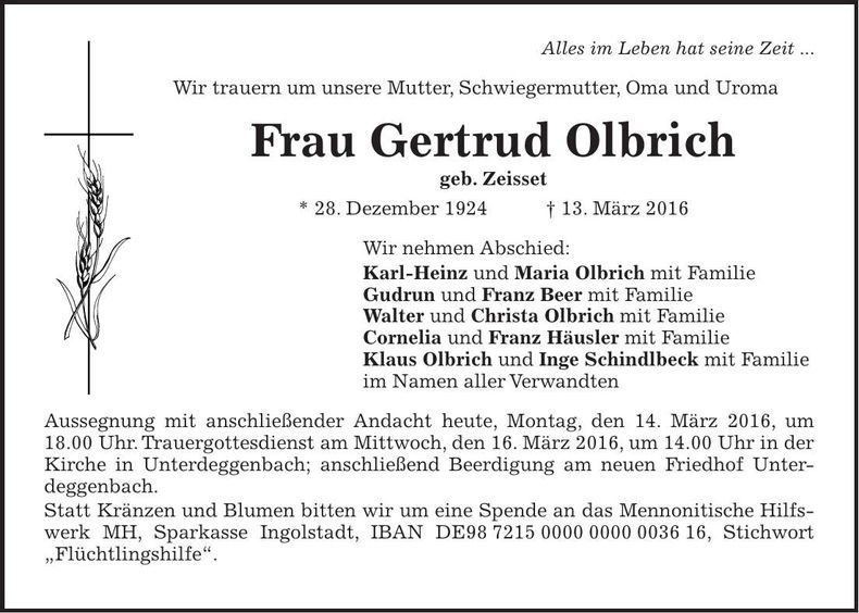Traueranzeige Gertrud Olbrich