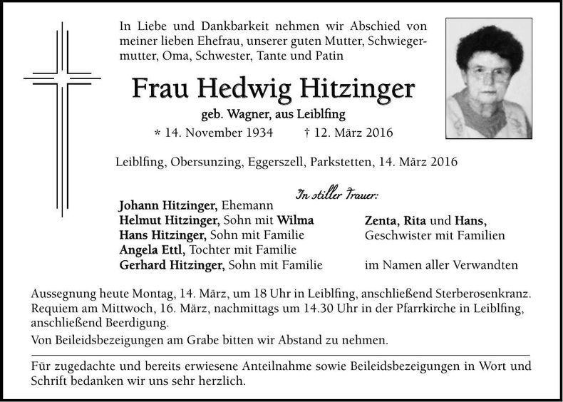 Traueranzeige Hedwig Hitzinger