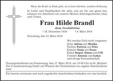 Traueranzeige Hilde Brandl