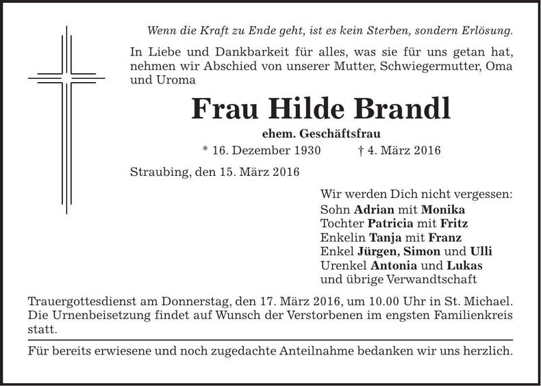 Traueranzeige Hilde Brandl