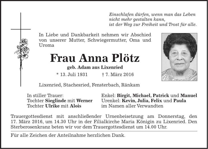 Traueranzeige Anna Plötz