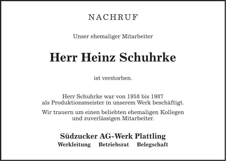 Traueranzeige Heinz Schuhrke