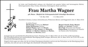 Traueranzeige Martha Wagner
