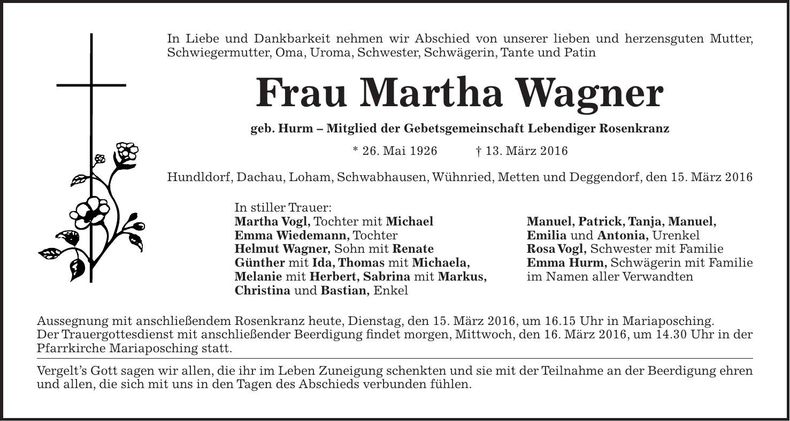Traueranzeige Martha Wagner