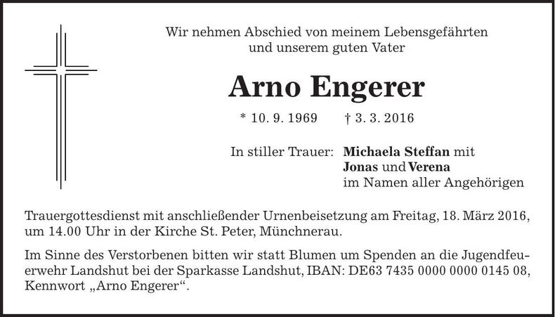 Traueranzeige Arno Engerer