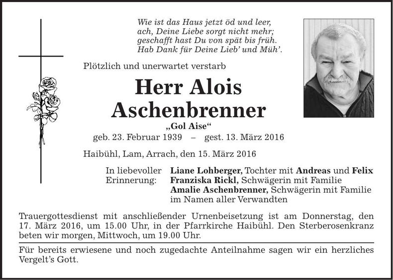 Traueranzeige Alois Aschenbrenner