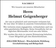 Traueranzeige Helmut Geigenberger