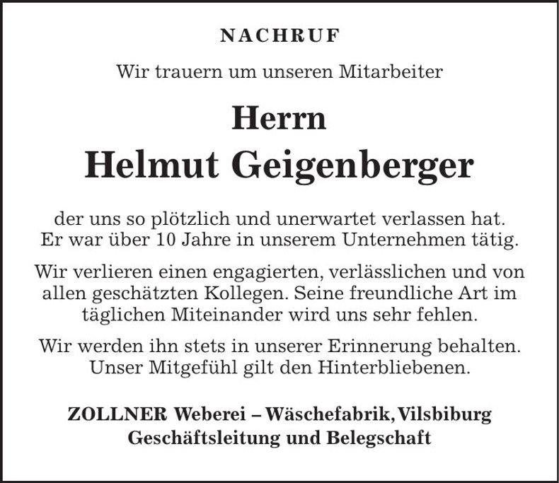 Traueranzeige Helmut Geigenberger