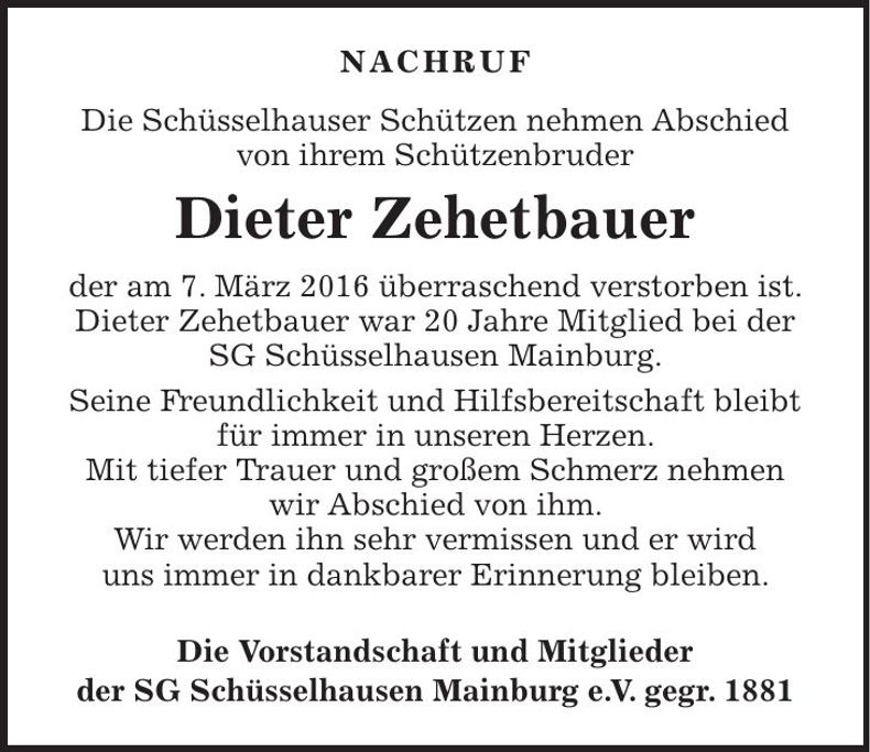Traueranzeige Dieter Zehetbauer