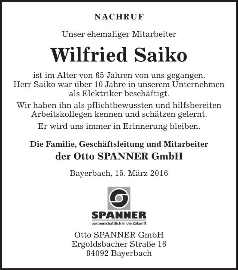 Traueranzeige Wilfried Saiko