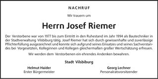 Traueranzeige Josef Riemer