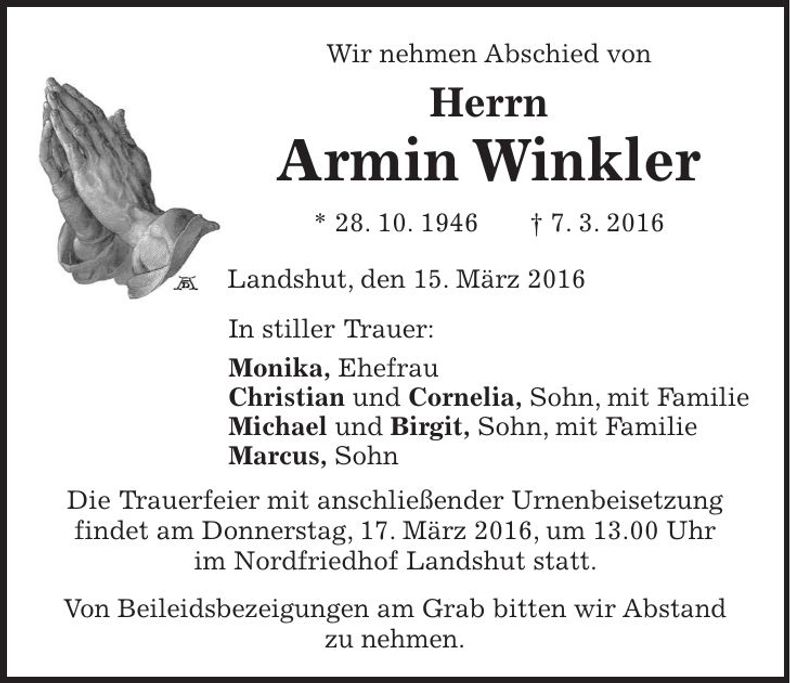 Traueranzeige Armin Winkler