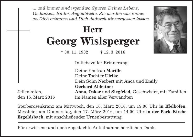 Traueranzeige Georg Wislsperger