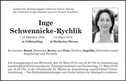 Traueranzeige Inge Schwennicke-Rychlik