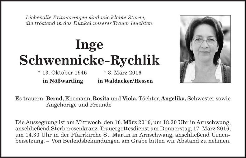 Traueranzeige Inge Schwennicke-Rychlik