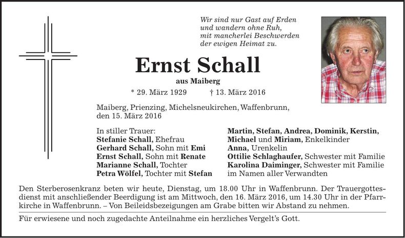 Traueranzeige Ernst Schall