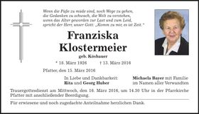 Traueranzeige Franziska Klostermeier