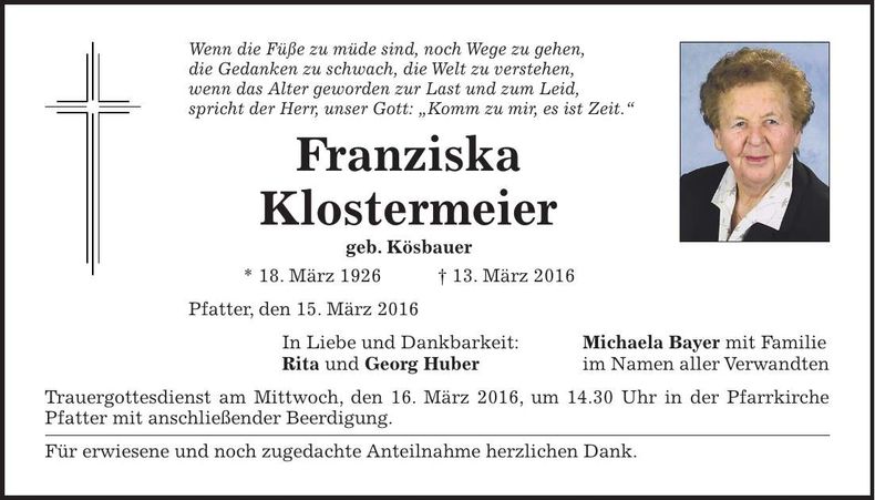 Traueranzeige Franziska Klostermeier