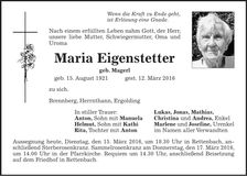 Traueranzeige Maria Eigenstetter