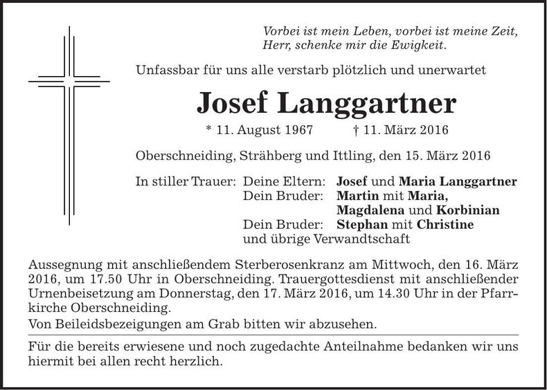 Traueranzeige Josef Langgartner