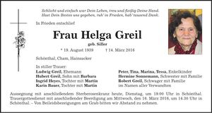 Traueranzeige Helga Greil