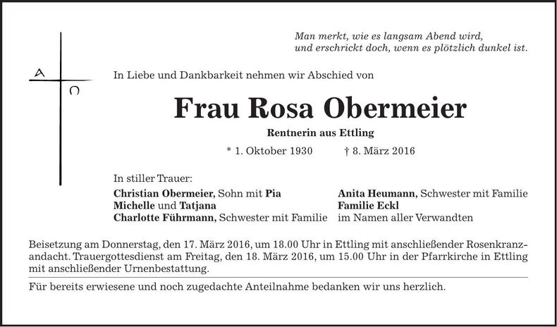 Traueranzeige Rosa Obermeier
