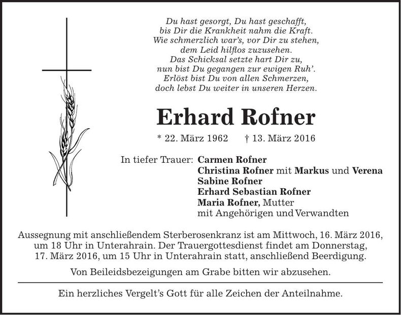 Traueranzeige Erhard Rofner