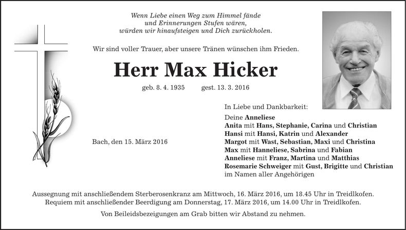 Traueranzeige Max Hicker