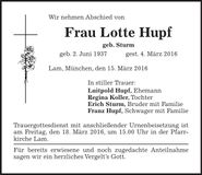 Traueranzeige Lotte Hupf