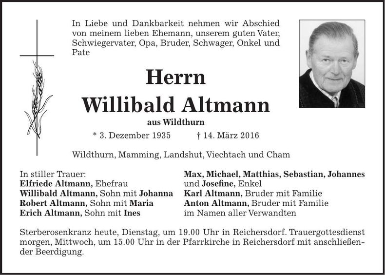 Traueranzeige Willibald Altmann