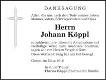 Traueranzeige Johann Köppl