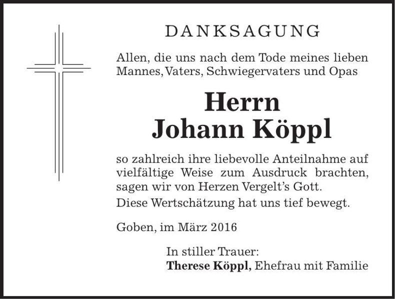 Traueranzeige Johann Köppl